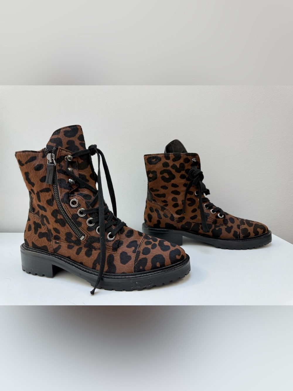 PAIGE Calf Hair Leopard Animal Print Ankle Lace Up Combat Boots $395